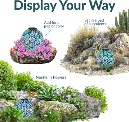 Sunnydaze Cool Blooms 10" Mosaic Glass Garden Gazing Globe with LED Solar Light - Set of 2