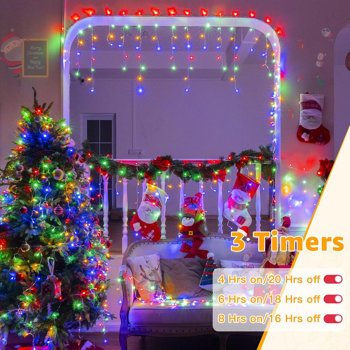 Ollny Icicle Lights Outdoor Multicolor, 594LED 49FT Christmas Lights with Remote 8 Modes Dimmable