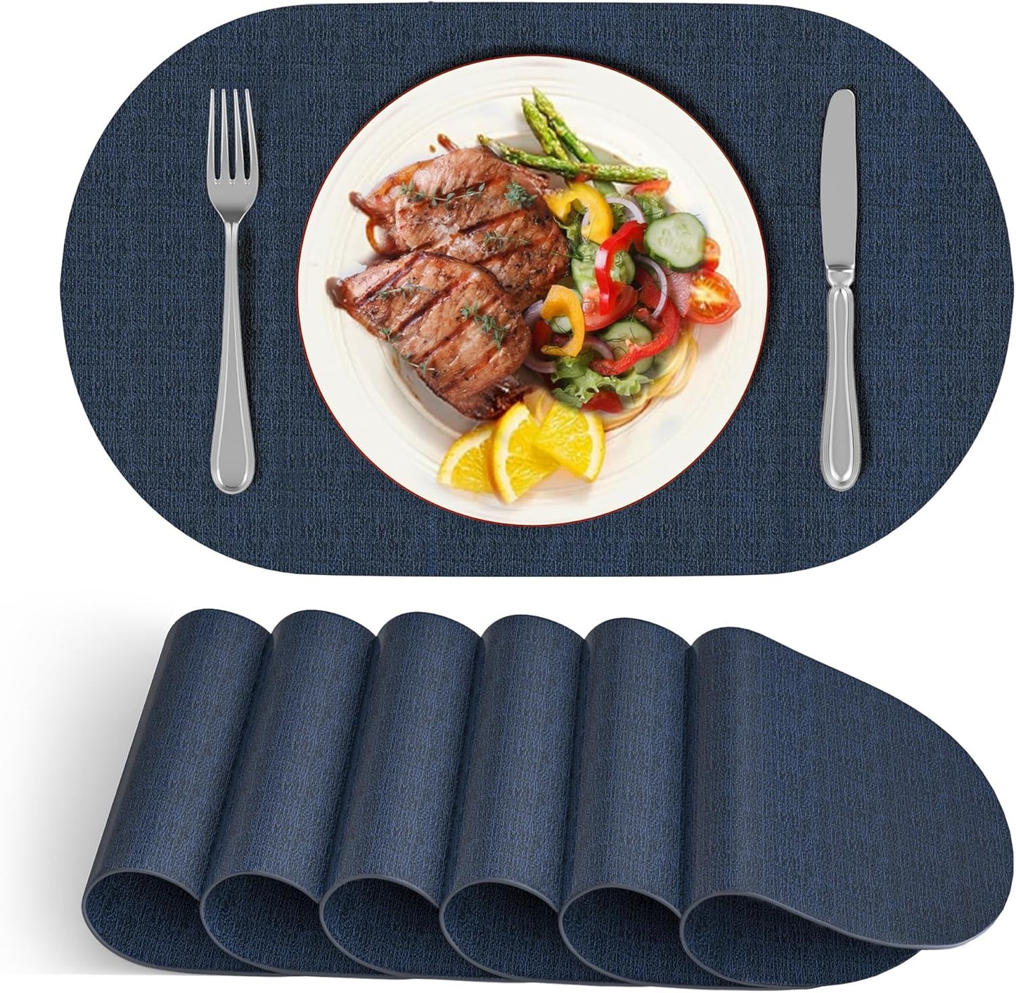 DOLOPL Large Placemats Set of 6, Oval Reversible Wipeable & Non-Slip Place Mats, Modern Faux