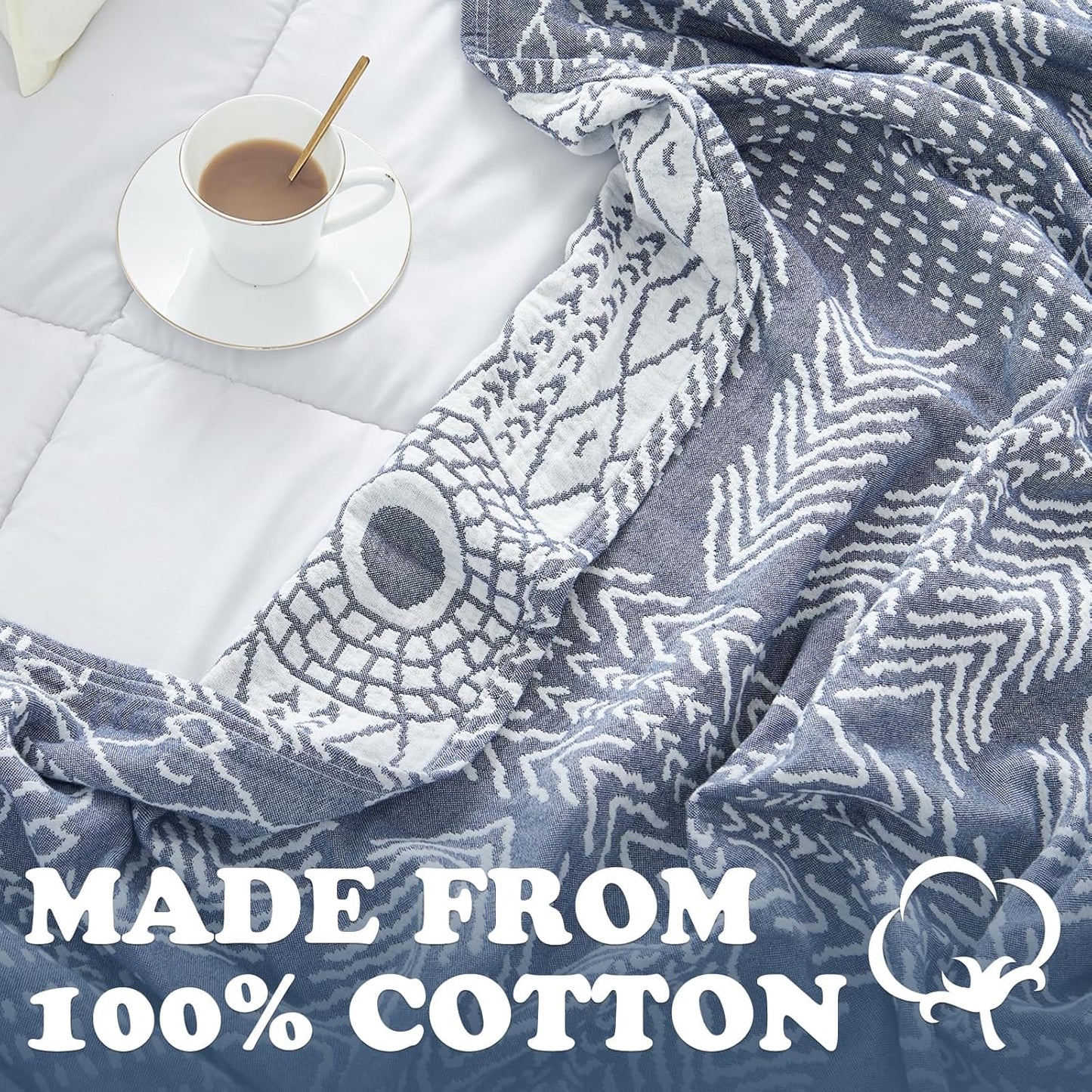 jinchan Boho 100% Cotton Muslin Blanket 3-Layer Queen Size 80x90 Inches Geometric Blue Lightweight