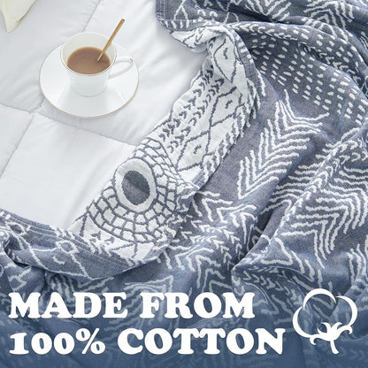 jinchan Boho 100% Cotton Muslin 50x60 Throw Blanket Lightweight 3-Layer Blue Blanket Washable