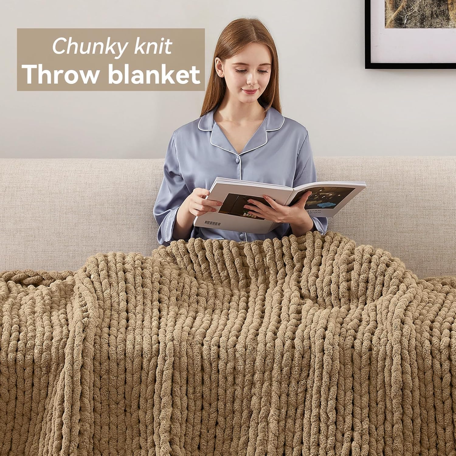 Chunky Knit Throw Blanket, 60''*80'' Knitted Throw Chenille Yarn for Bed Couch, Handmade Light