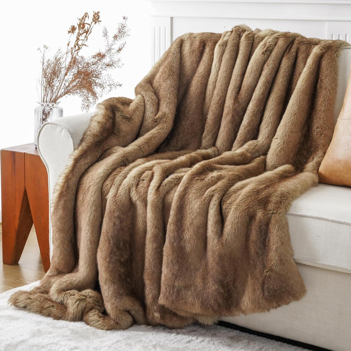 BATTILO HOME Luxury Ochre Faux Fur Throw Blanket, Soft Cozy Mink Fur Blanket for Couch, Sofa, Bed