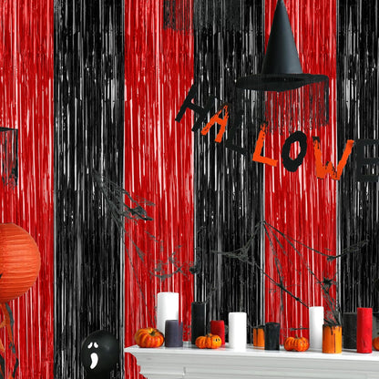 4 Pack Halloween Wall Backdrop, 3.28 FT x 7.05 FT Red and Black Party Streamer, Metallic Tinsel