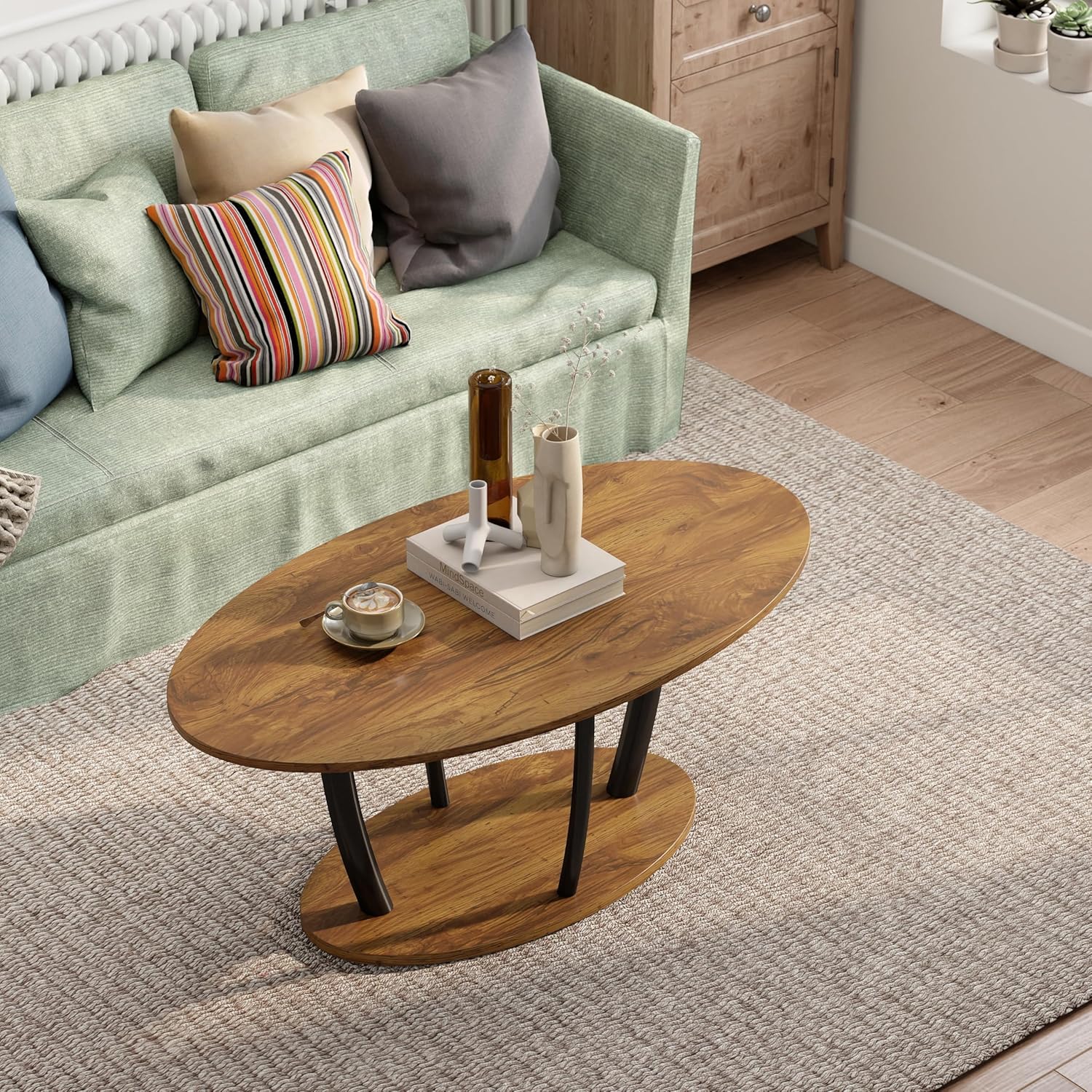 Manora Small Oval Coffee Table with Storage, Farmhouse Industrial Center Table for Living Room