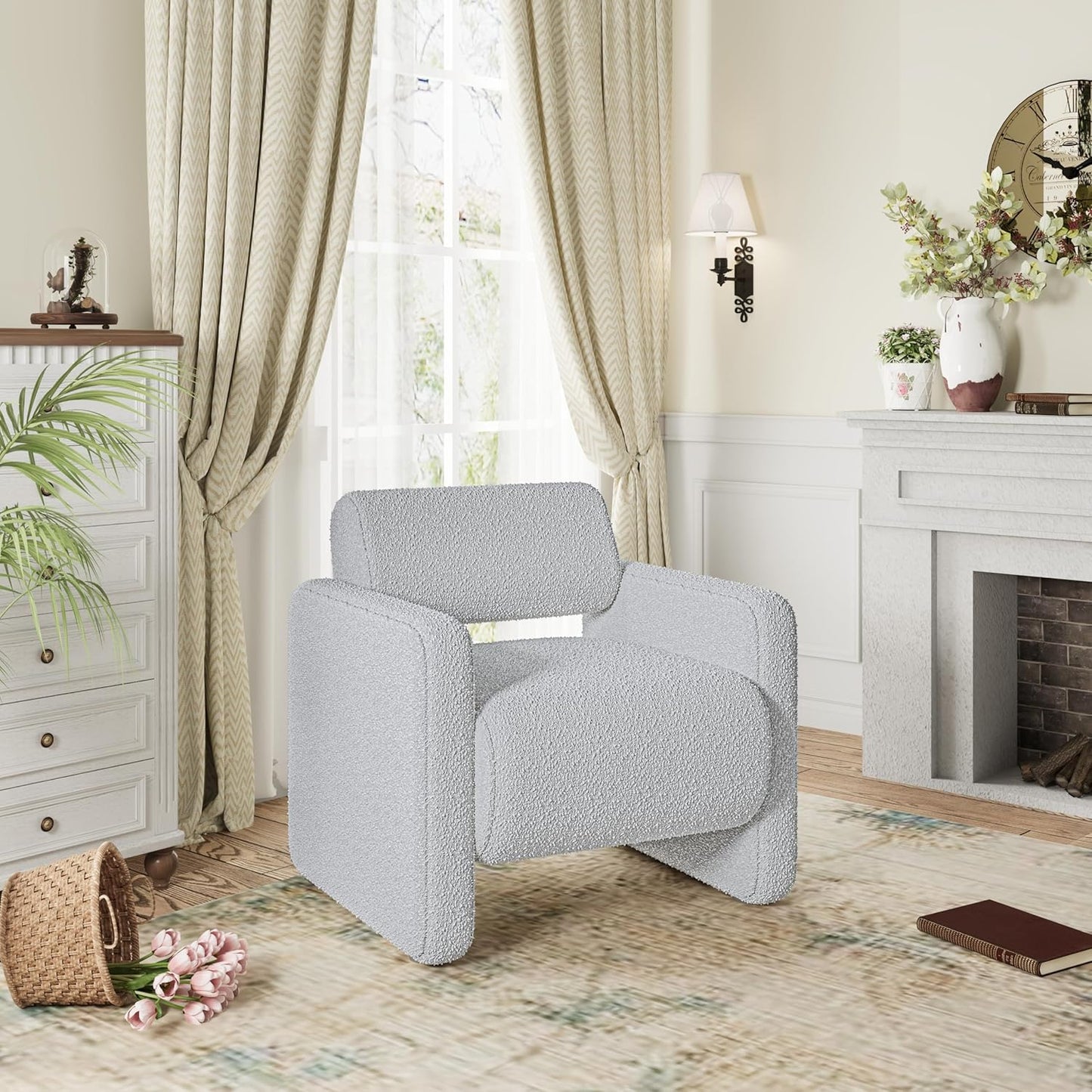 Accent Chair, Modern Boucle Fabric Armed Chair, Comfortable Single Sofa Chair for Living Room