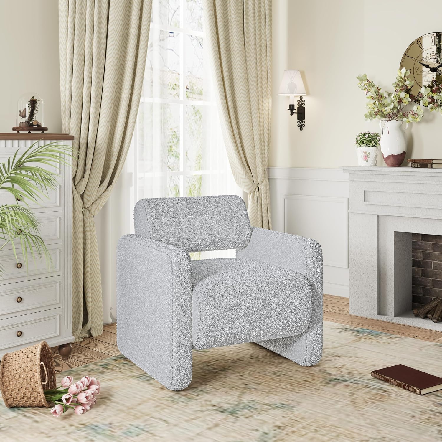 Accent Chair, Modern Boucle Fabric Armed Chair, Comfortable Single Sofa Chair for Living Room