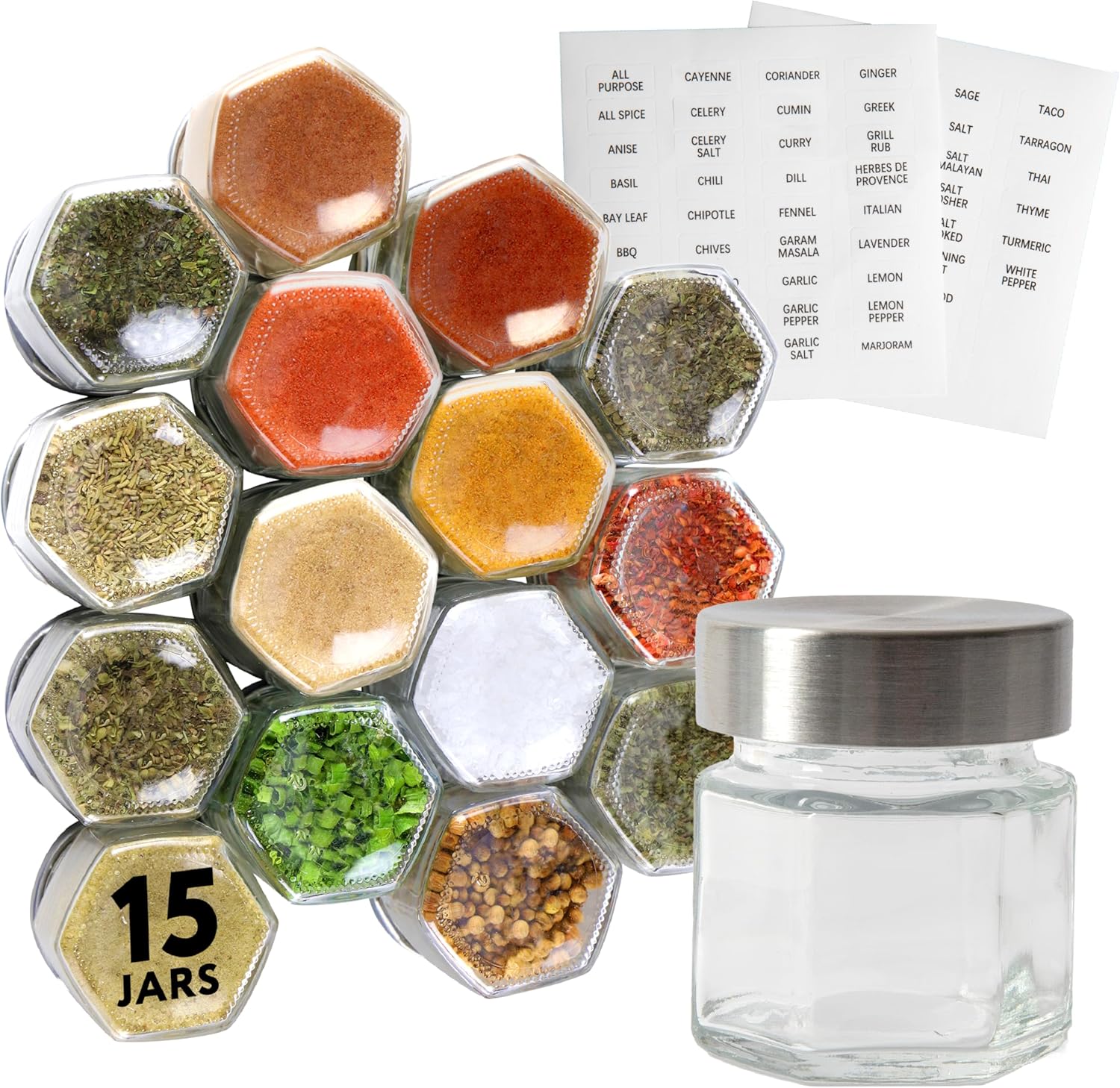IMPRESA Hexagon Magnetic Spice Jars - 15 Pack 1.74 oz Glass Jars With Stainless Steel Lids
