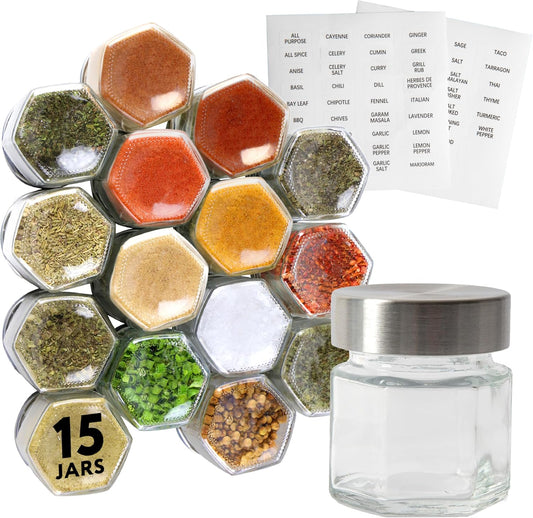 IMPRESA Hexagon Magnetic Spice Jars - 15 Pack 1.74 oz Glass Jars With Stainless Steel Lids
