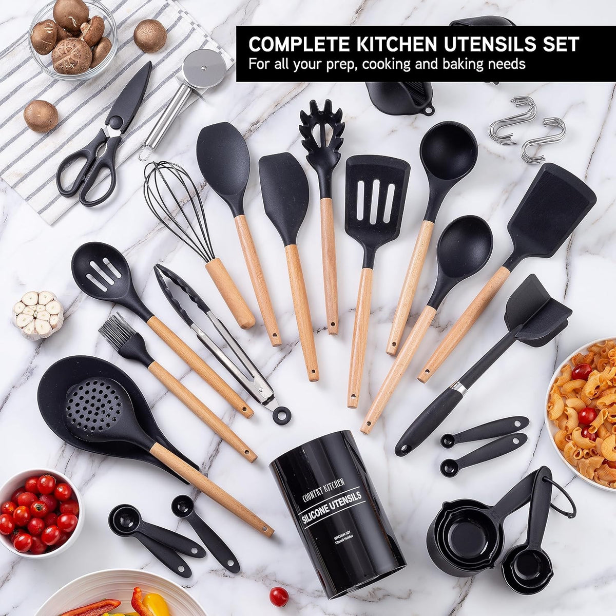 Country Kitchen Non Stick Silicone Utensil Set with Rounded Wood Handles for Cooking and Baking, 38