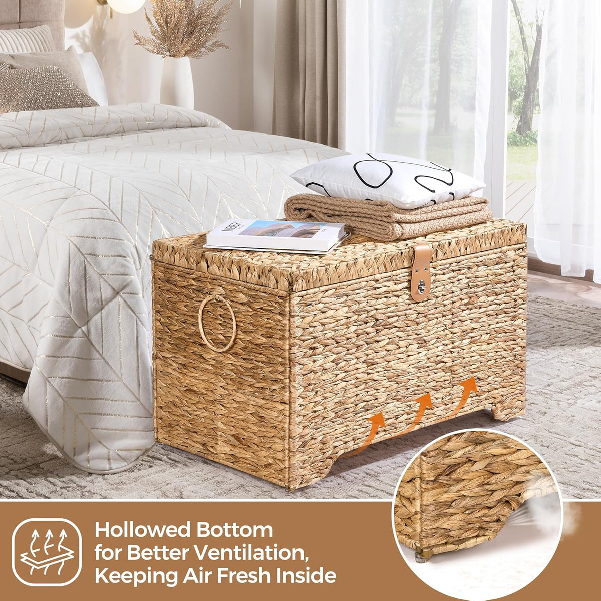 Handwoven Storage Basket with Lid, 165L Wicker Storage Bin, Natural Water Hyacinth, Leather Buckle