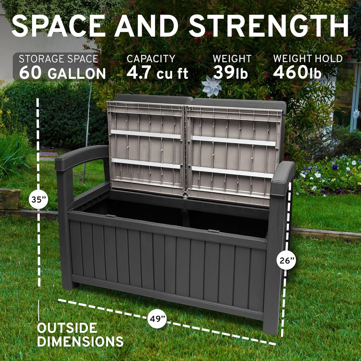 EconoHome 2 Seat Outdoor Storage Bench with Rain Cover - 60 Gallon Capacity - Weatherproof Resin