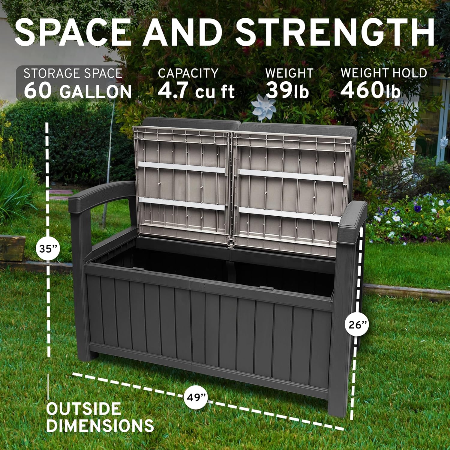 EconoHome 2 Seat Outdoor Storage Bench with Rain Cover - 60 Gallon Capacity - Weatherproof Resin