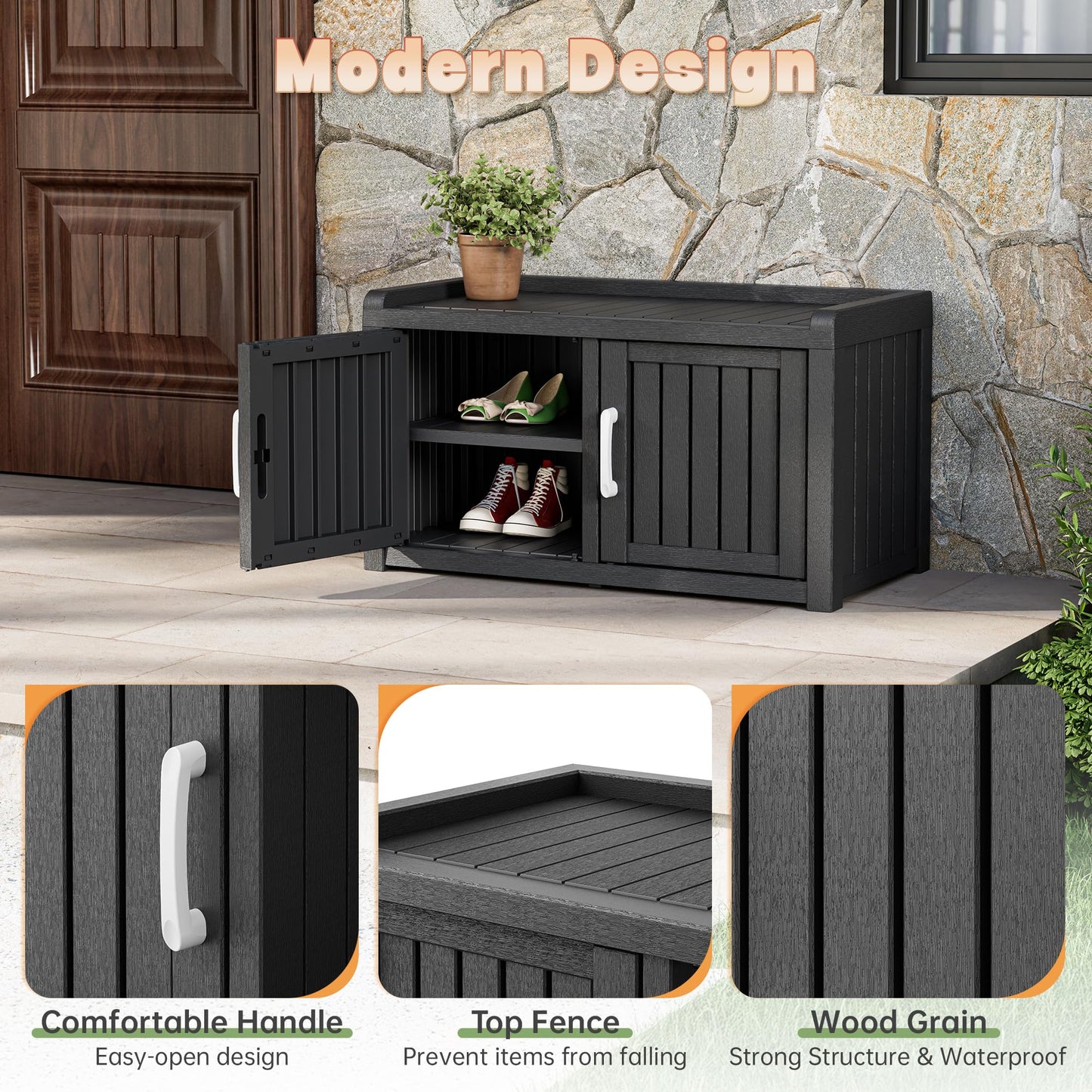 KAMABOKO Outdoor Shoe Storage Cabinet, Waterproof UV-Resistant Entryway Storage Bench Indoor