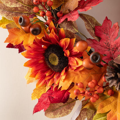 Glitzhome 24''D Fall Wreath with Hanger, Artificial Autumn Wreath for Front Door with Sunflower