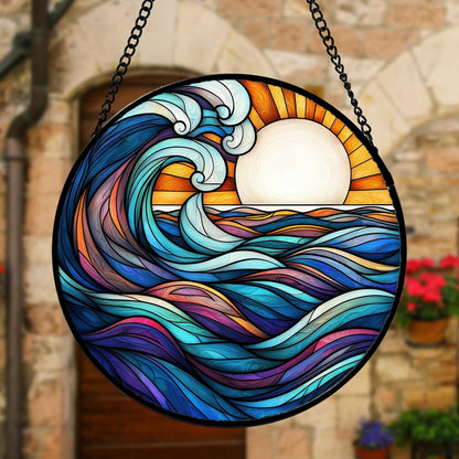 Stained Glass Window Hanging, Big Wave Sun Suncatcher Diamond Glass Panel Hangings Abstract Sun