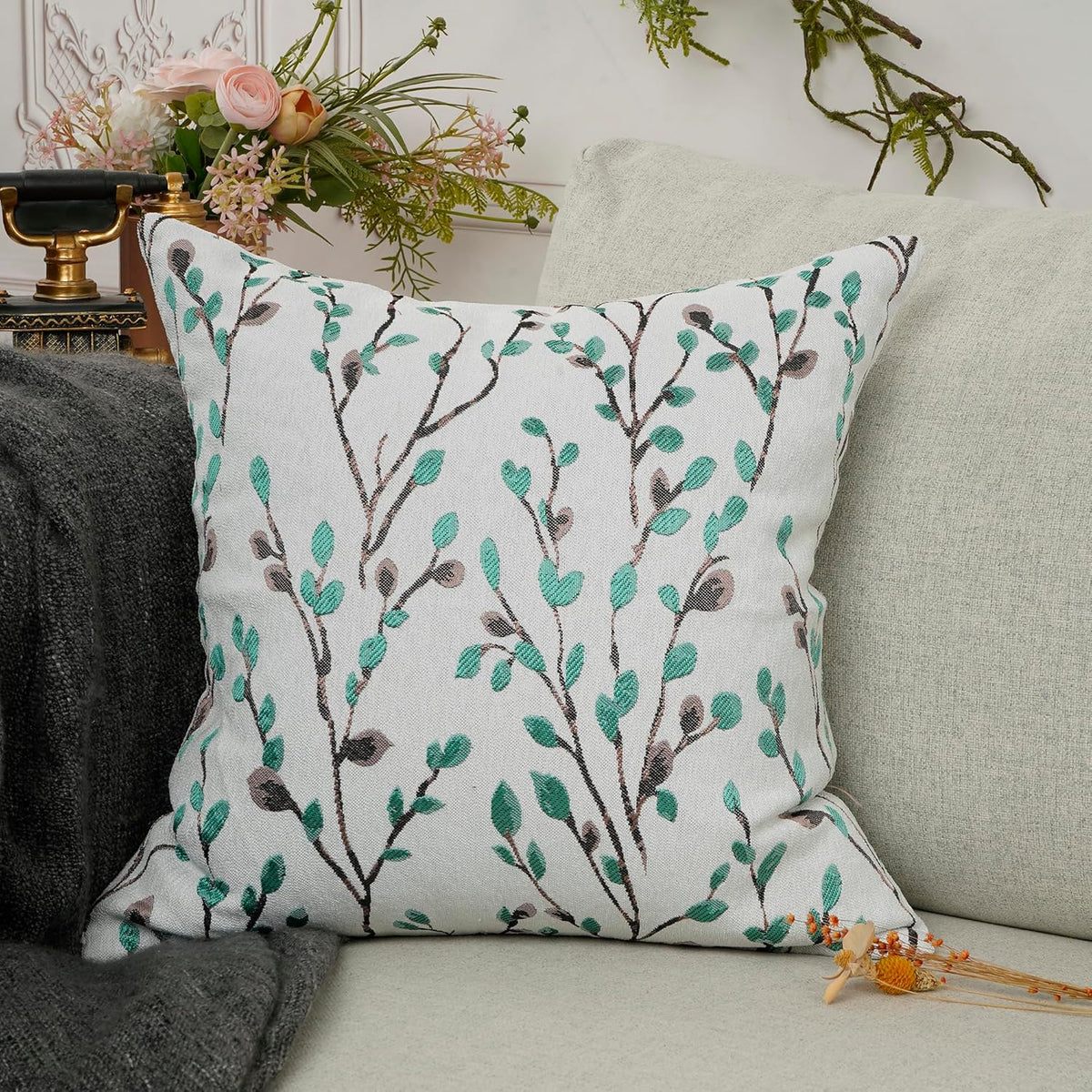 YOUR SMILE Classical Embroidery Jacquard Green Square Decorative Throw Pillow Case Cushion Cover