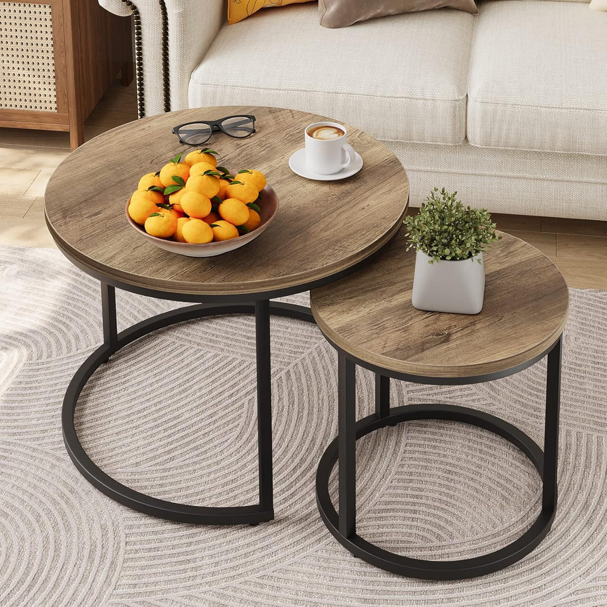 Smuxee Nesting Coffee Table Set of 2, 23.6" Round Coffee Table Wood Grain Top with Adjustable