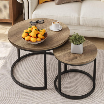 Smuxee Nesting Coffee Table Set of 2, 23.6" Round Coffee Table Wood Grain Top with Adjustable