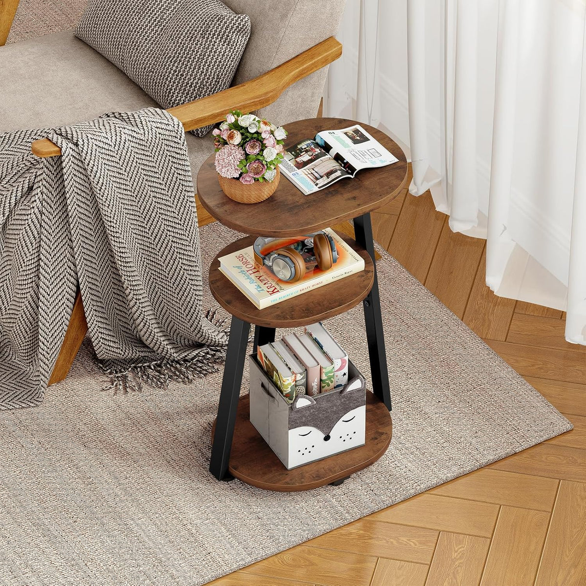 Side Table, Small End Table with Metal Frame, 3-Tier Bedside Tables, Round Side Tables for Living