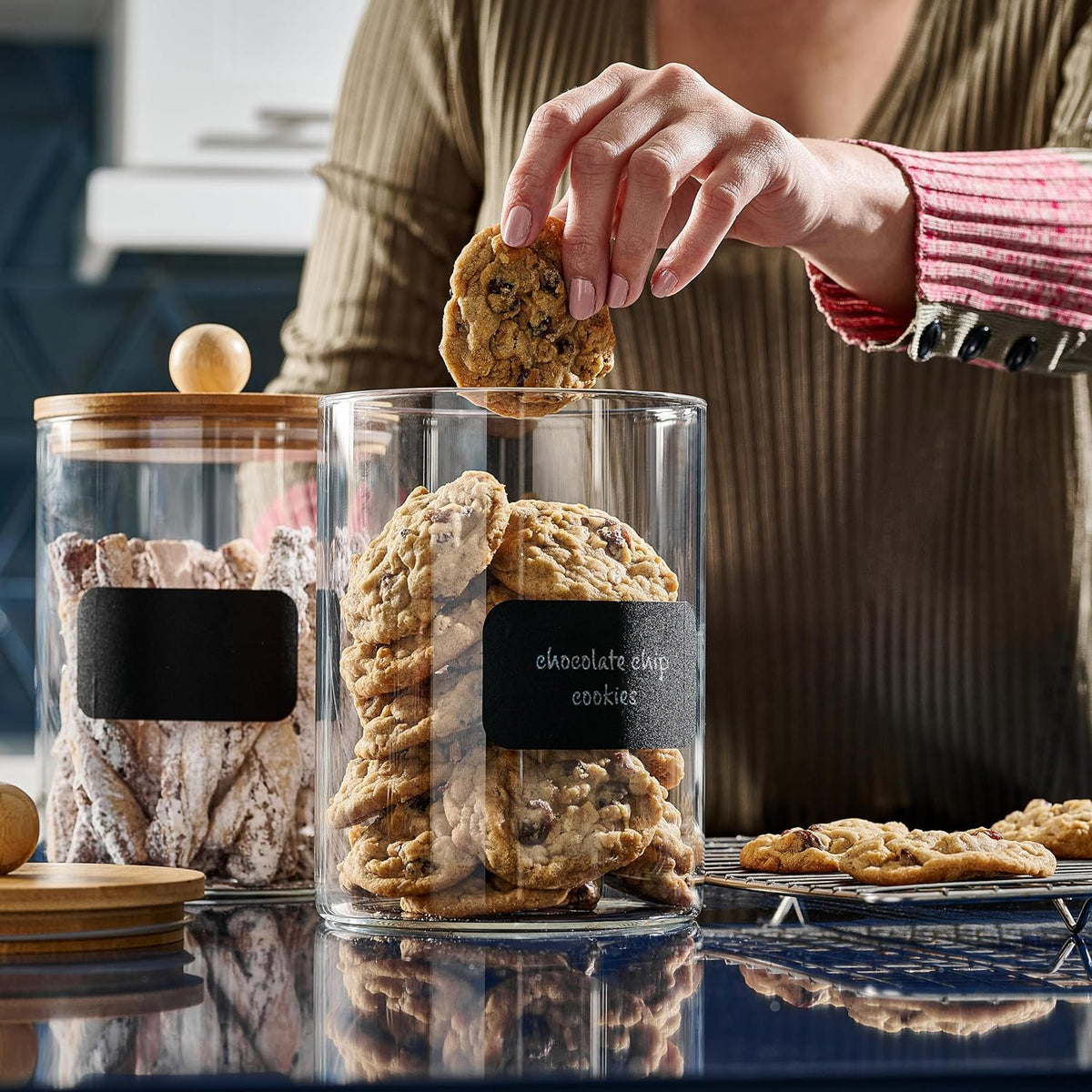 Set of 2 Large Glass Canisters for Kitchen Counter with Airtight Bamboo Lids + Marker & Labels