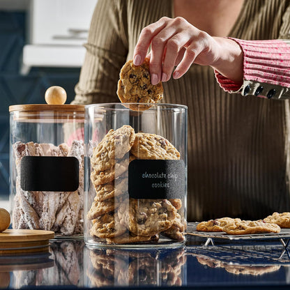 Set of 2 Large Glass Canisters for Kitchen Counter with Airtight Bamboo Lids + Marker & Labels