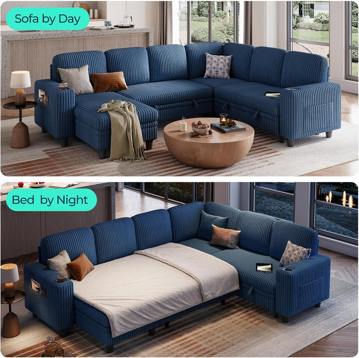 LINSY HOME Sectional Sleeper Sofa with Pull Out Couch Bed - Convertible Plush Corduroy Cloud Couch