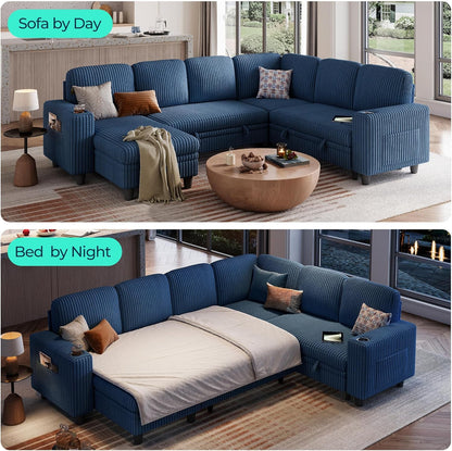 LINSY HOME Sectional Sleeper Sofa with Pull Out Couch Bed - Convertible Plush Corduroy Cloud Couch