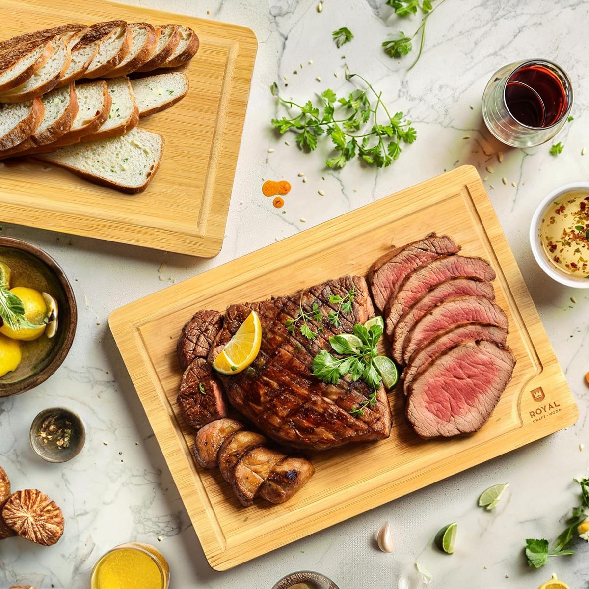 Chopping Board Set of 2 - Wooden Cutting Boards for Kitchen Meal Prep & Serving - Bamboo Wood