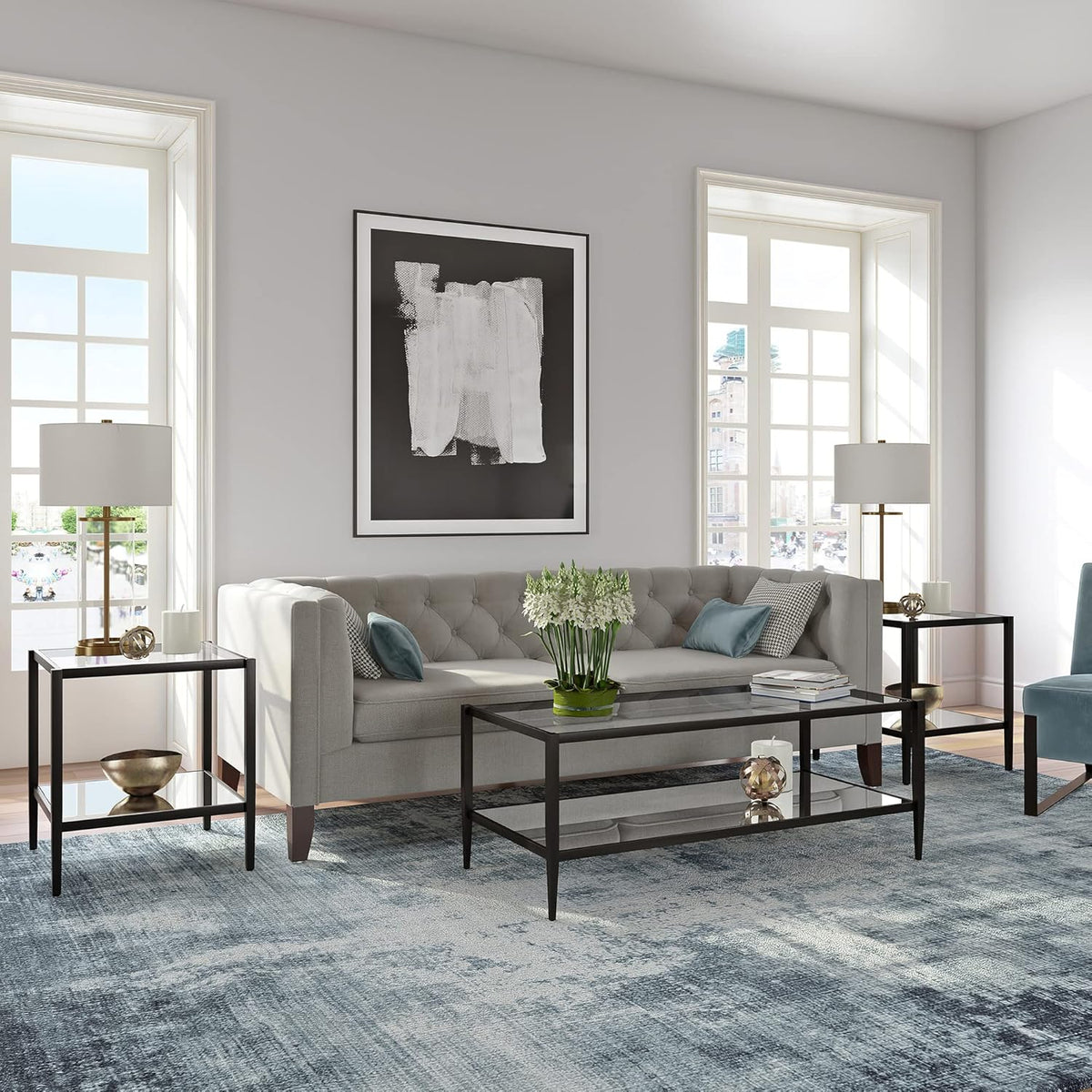 Henn&Hart 20" Wide Square Side Table with Mirror Shelf in Blackened Bronze, Table for Living Room