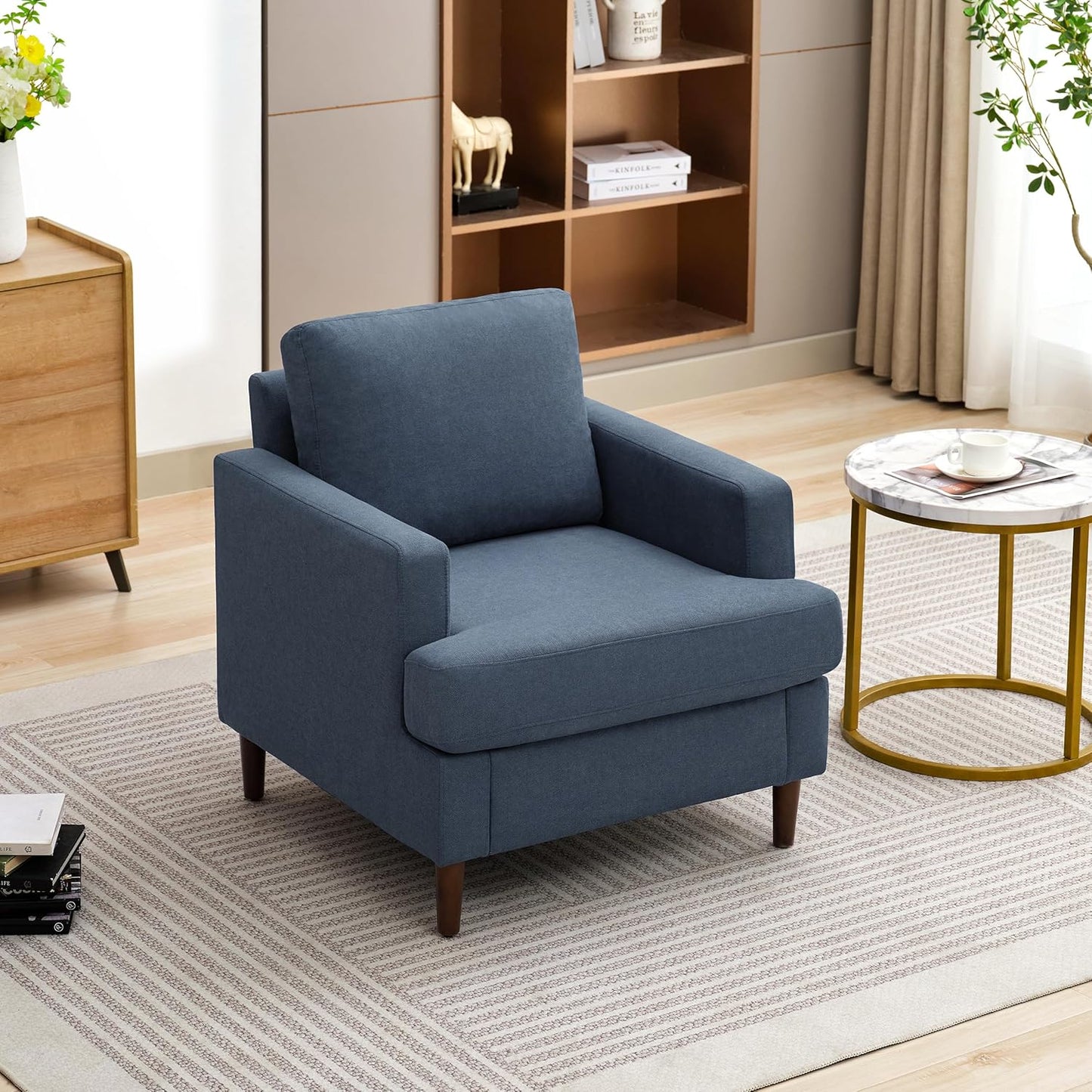 Mid-Century Accent Chair,Modern Linen Fabric Armchair for Living Room,Comfy Upholstered Reading