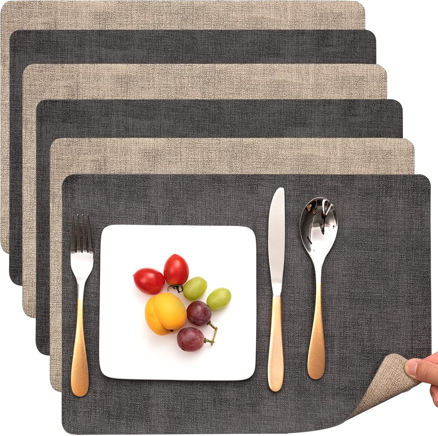 Myir JUN Placemats Dual Sided, Faux Leather Place Mats Set of 6 Indoor Placemat for Dining Table