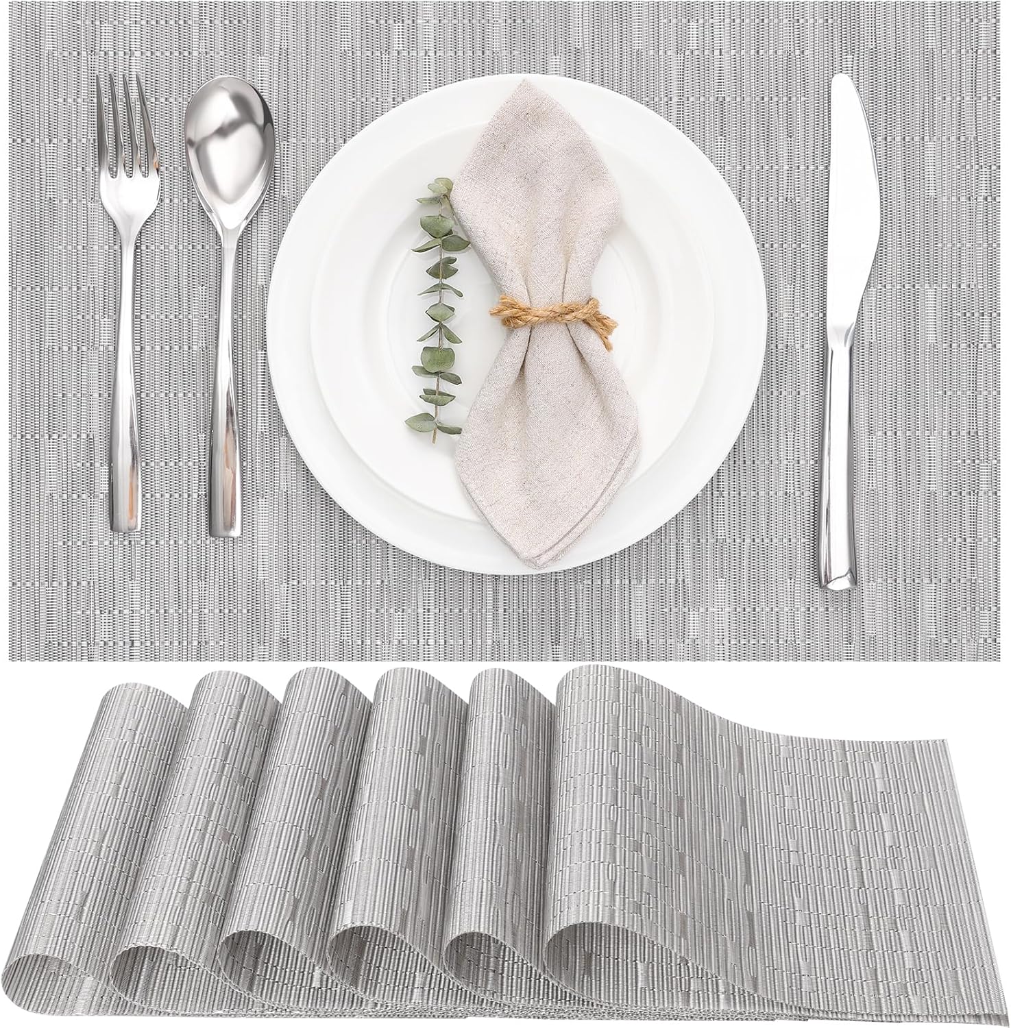 Myir JUN Placemats Set of 6, Vinyl Woven Placemats Place Mats Indoor Washable Table Mats Non-Slip