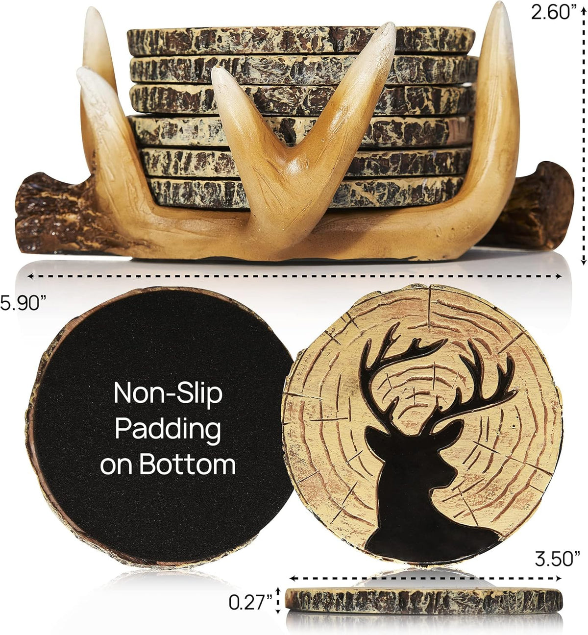 Deer Antlers Coaster Set of 6 – Handcrafted Deer Antler Decor and Man Cave Gifts for Men - 6 Full