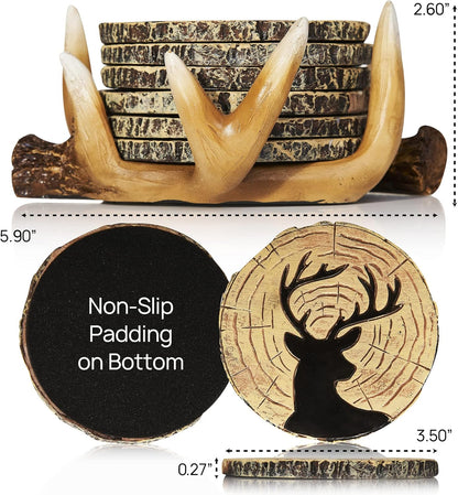 Deer Antlers Coaster Set of 6 – Handcrafted Deer Antler Decor and Man Cave Gifts for Men - 6 Full