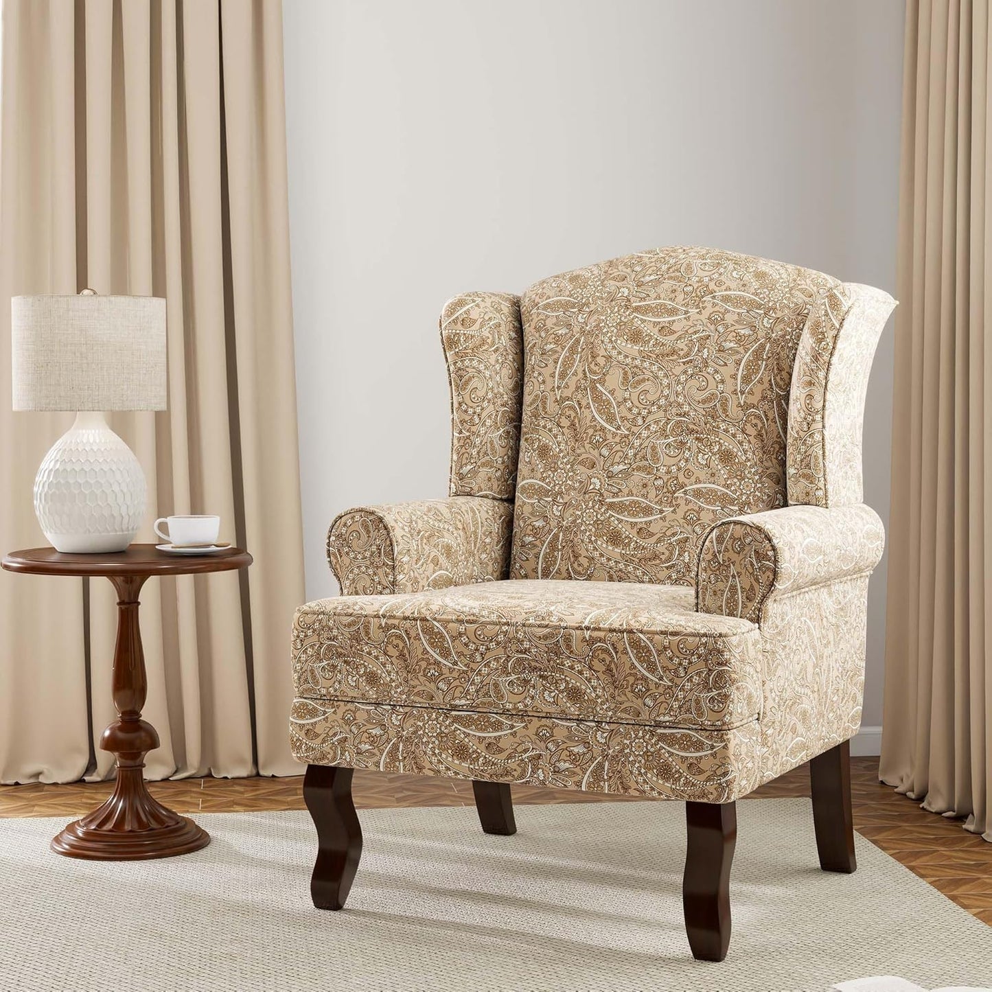 Accent Chair, High Back Upholstered Armchair with High Resilience Sponge & Wood Legs, Mid-Century