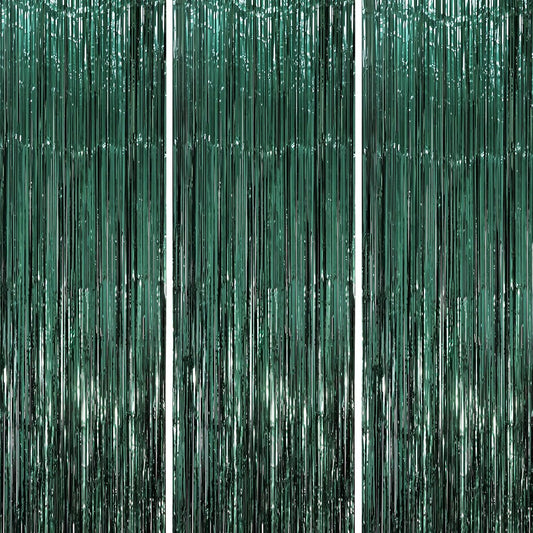 3 Pack 3.3 x 8.2 ft Retro Green Foil Fringe Backdrop Curtains, Tinsel Streamers Party Decorations