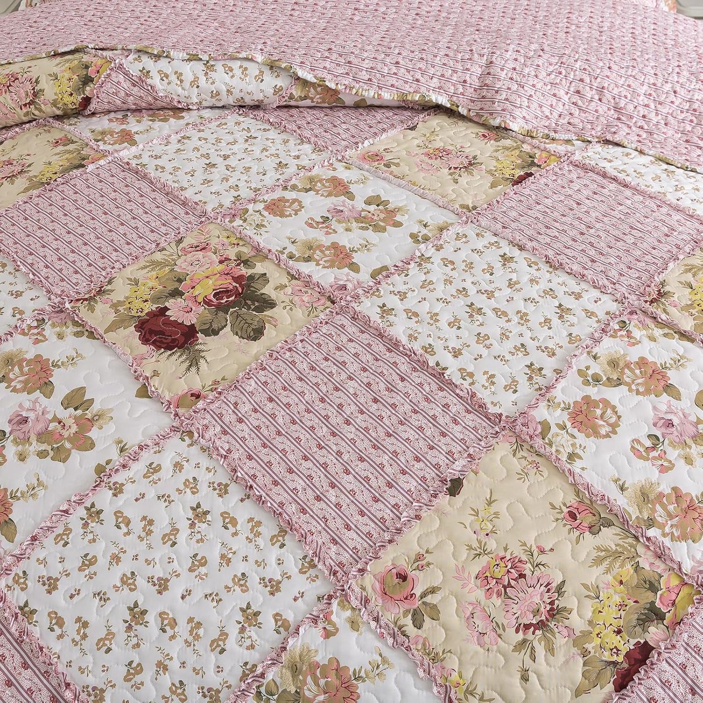 NEWLAKE Quilt Set King Size, Bedspread Sets Pink Botanical Floral, Reversible Quilt Bedding Set
