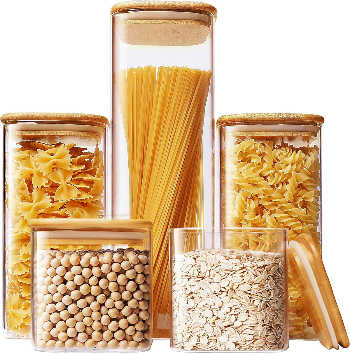 Square Glass Jars with Bamboo Lids [Muti Size Set of 5], Glass Canisters with Airtight Lids, Glass