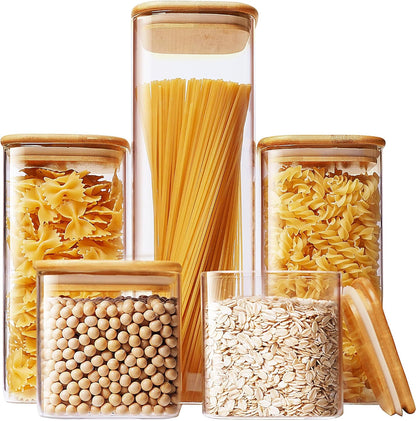 Square Glass Jars with Bamboo Lids [Muti Size Set of 5], Glass Canisters with Airtight Lids, Glass