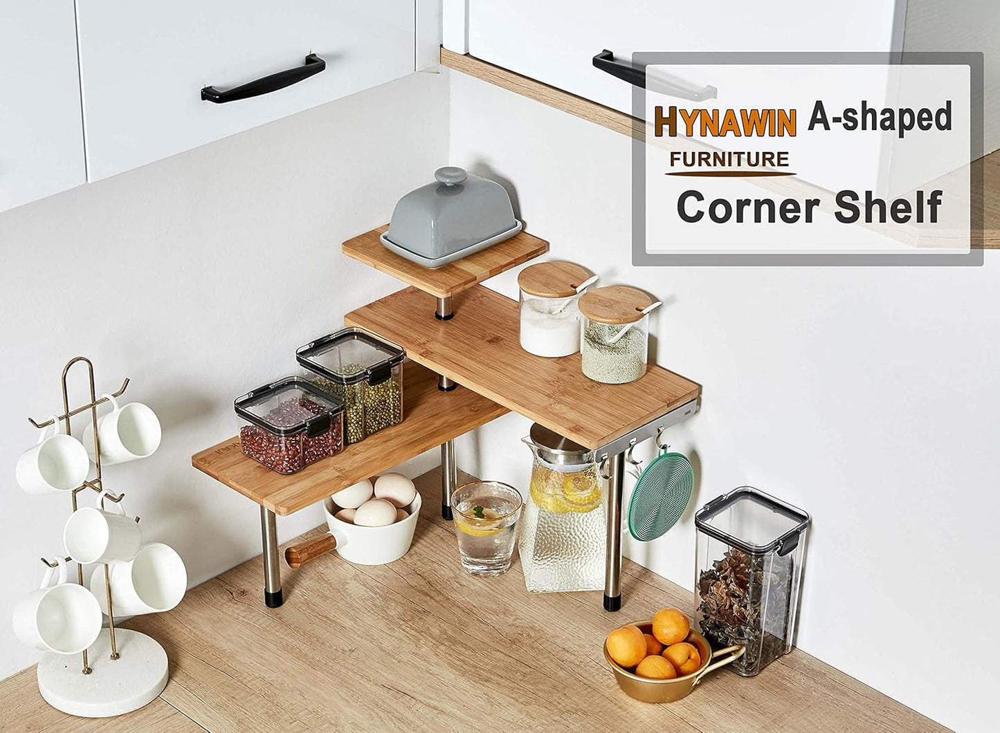 HYNAWIN Corner Shelf, 3 Tier Bamboo & Metal Storage Spice Rack-Desk, Space Saving Bookshelf with