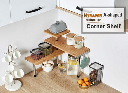 HYNAWIN Corner Shelf, 3 Tier Bamboo & Metal Storage Spice Rack-Desk, Space Saving Bookshelf with