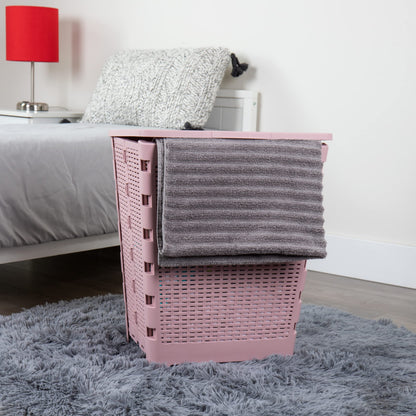 Mind Reader 61L Foldable Laundry Hamper, Clothes Basket, Lid, Wicker Design, Plastic, 18"L x 14.5"W