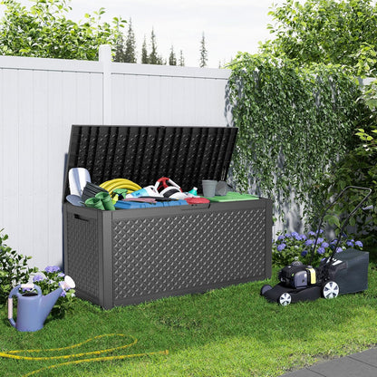 100 Gallon Resin Deck Box, Lockable Patio Outdoor Storage Box for Furniture, Garden Tools and Tools