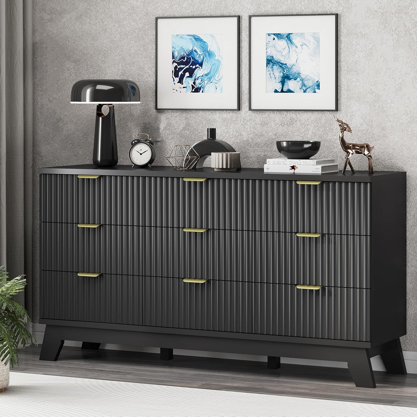Fluted Dresser for Bedroom with 9 Drawers, 57" Wide Chest of Drawers with Metal Handle, Modern Wood