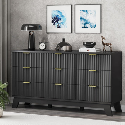 Fluted Dresser for Bedroom with 9 Drawers, 57" Wide Chest of Drawers with Metal Handle, Modern Wood