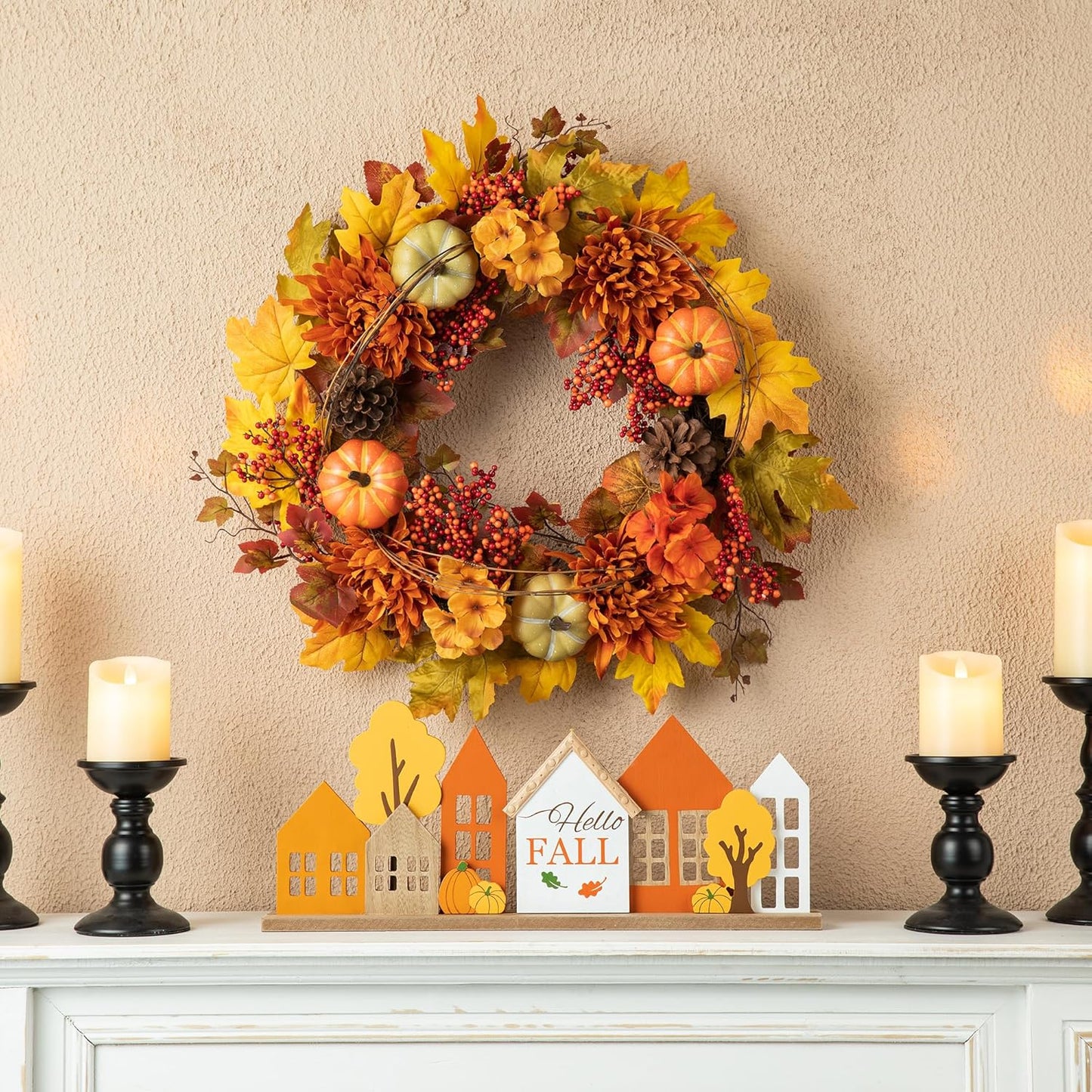 Glitzhome 24 inch Artificial Fall Wreath Decor, Autumn Maple Leaf Wreath for Front Door with Dahlia