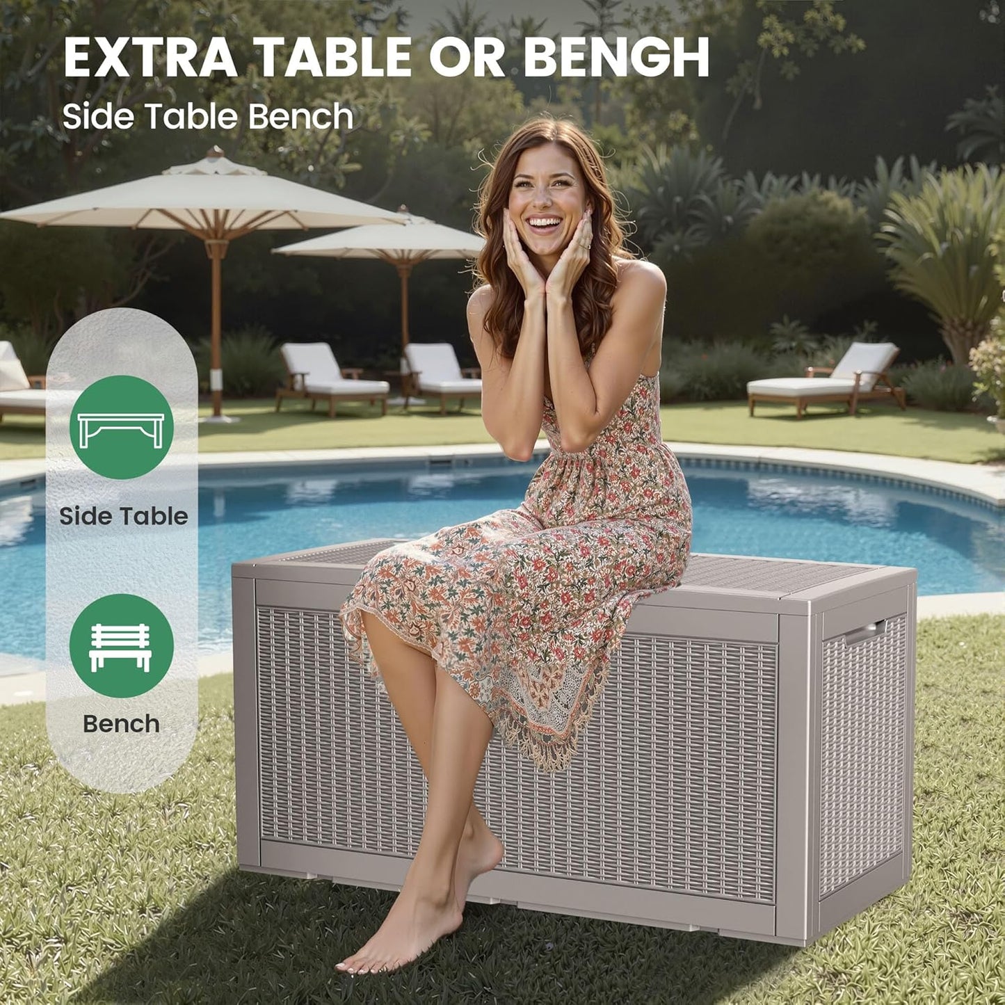 100 Gallon Storage Box, Waterproof Resin Deck Box with Hydraulic Piston Design, Lockable Storage