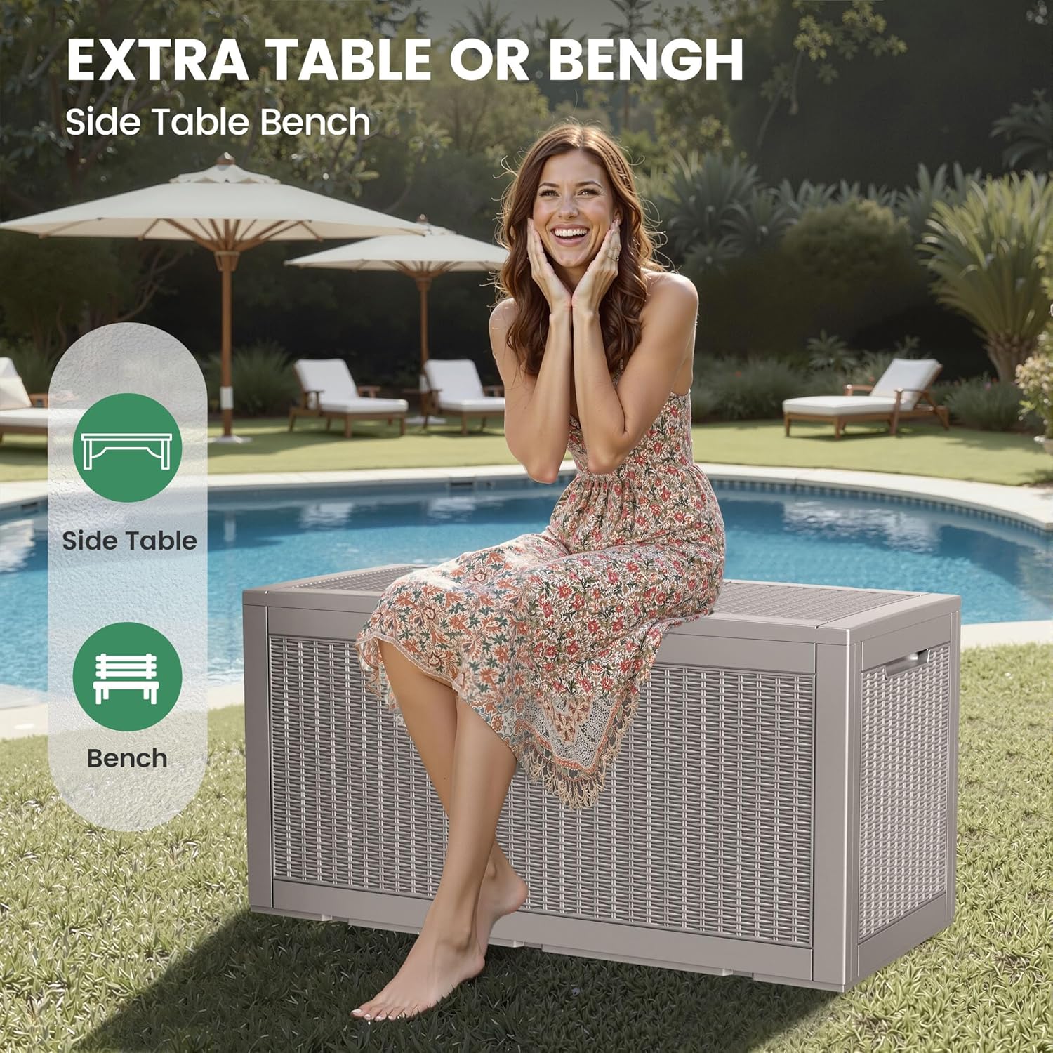 100 Gallon Storage Box, Waterproof Resin Deck Box with Hydraulic Piston Design, Lockable Storage