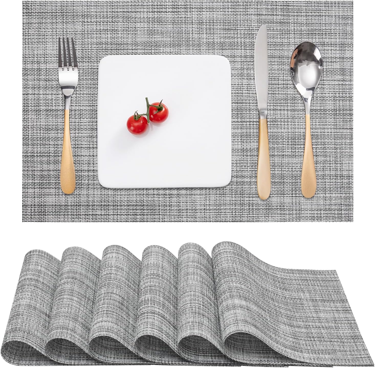 Myir JUN Placemats Set of 6, Vinyl Woven Placemats Place Mats Indoor Washable Table Mats Non-Slip
